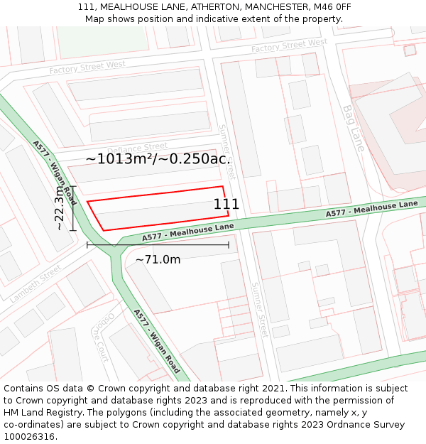 111, MEALHOUSE LANE, ATHERTON, MANCHESTER, M46 0FF: Plot and title map