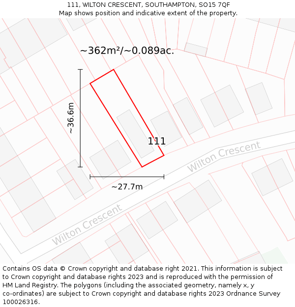 111, WILTON CRESCENT, SOUTHAMPTON, SO15 7QF: Plot and title map