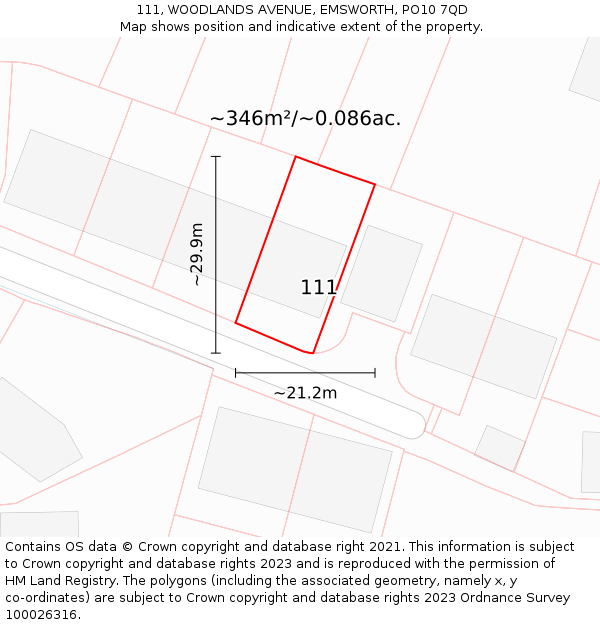 111, WOODLANDS AVENUE, EMSWORTH, PO10 7QD: Plot and title map