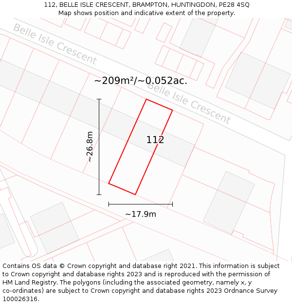 112, BELLE ISLE CRESCENT, BRAMPTON, HUNTINGDON, PE28 4SQ: Plot and title map