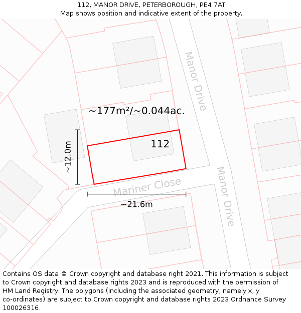 112, MANOR DRIVE, PETERBOROUGH, PE4 7AT: Plot and title map