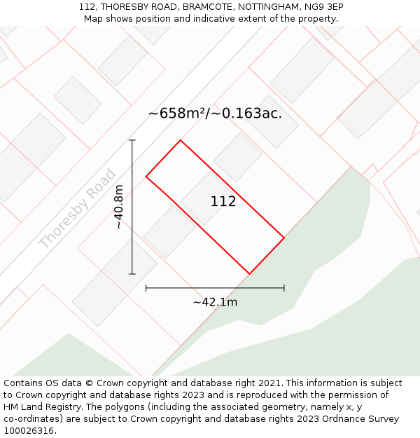112, THORESBY ROAD, BRAMCOTE, NOTTINGHAM, NG9 3EP: Plot and title map