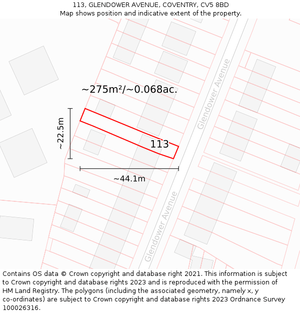 113, GLENDOWER AVENUE, COVENTRY, CV5 8BD: Plot and title map