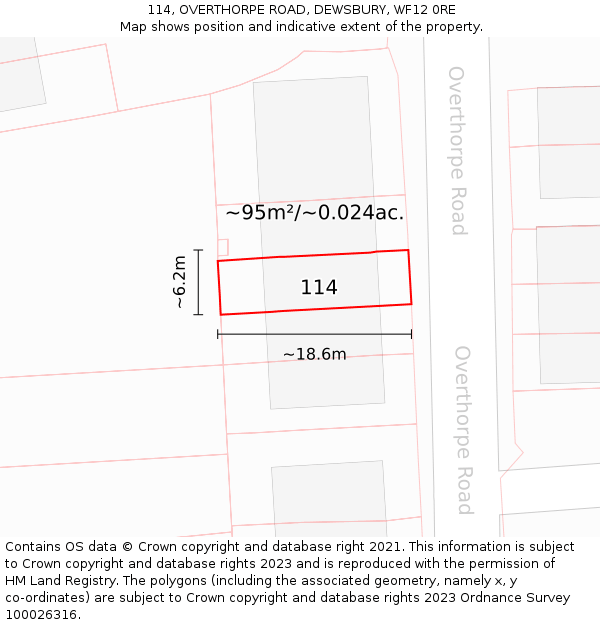 114, OVERTHORPE ROAD, DEWSBURY, WF12 0RE: Plot and title map