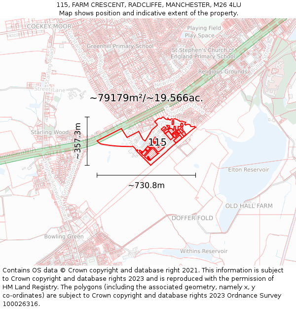 115, FARM CRESCENT, RADCLIFFE, MANCHESTER, M26 4LU: Plot and title map