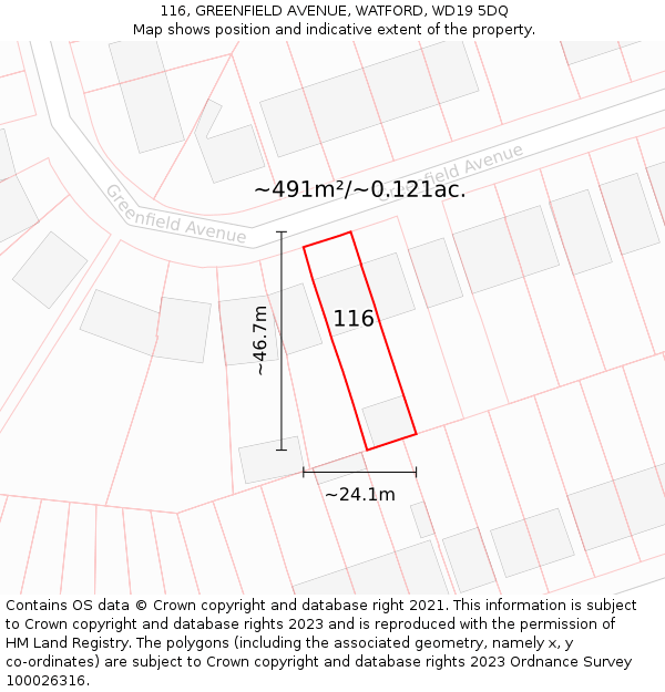 116, GREENFIELD AVENUE, WATFORD, WD19 5DQ: Plot and title map
