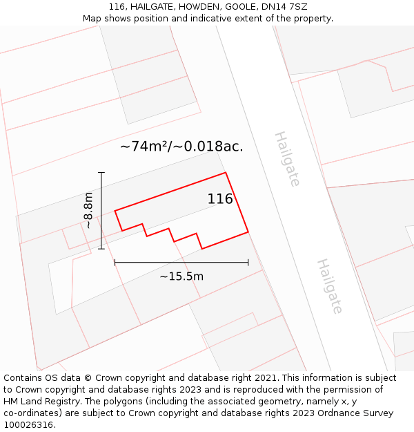 116, HAILGATE, HOWDEN, GOOLE, DN14 7SZ: Plot and title map