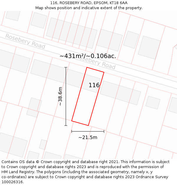 116, ROSEBERY ROAD, EPSOM, KT18 6AA: Plot and title map