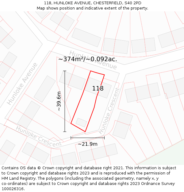 118, HUNLOKE AVENUE, CHESTERFIELD, S40 2PD: Plot and title map