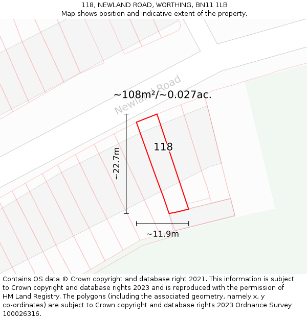 118, NEWLAND ROAD, WORTHING, BN11 1LB: Plot and title map