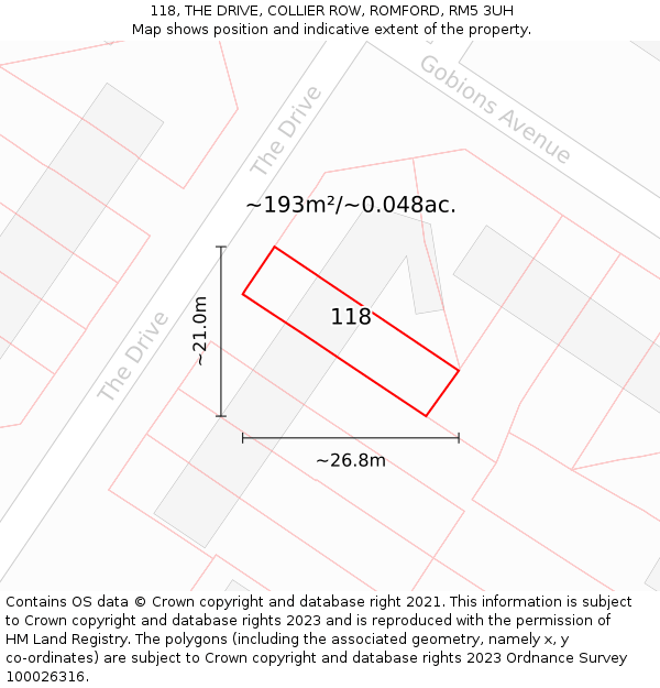 118, THE DRIVE, COLLIER ROW, ROMFORD, RM5 3UH: Plot and title map
