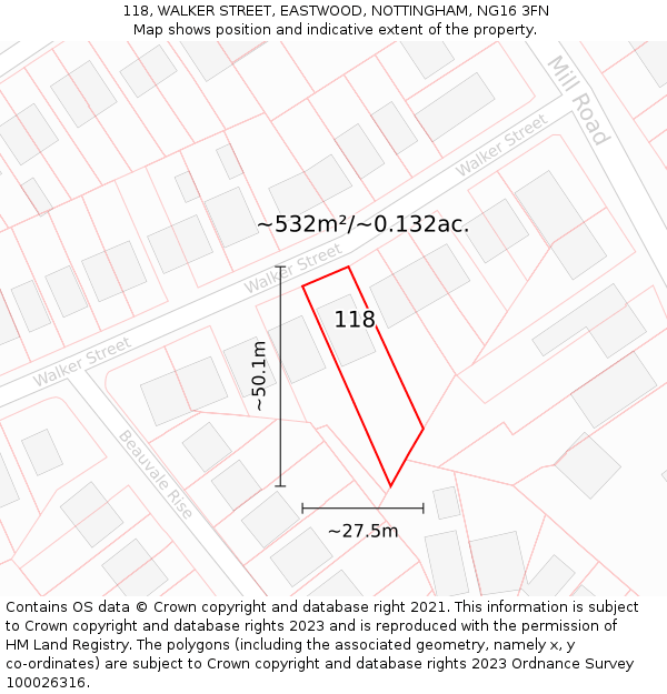 118, WALKER STREET, EASTWOOD, NOTTINGHAM, NG16 3FN: Plot and title map