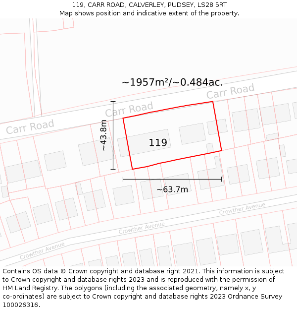 119, CARR ROAD, CALVERLEY, PUDSEY, LS28 5RT: Plot and title map