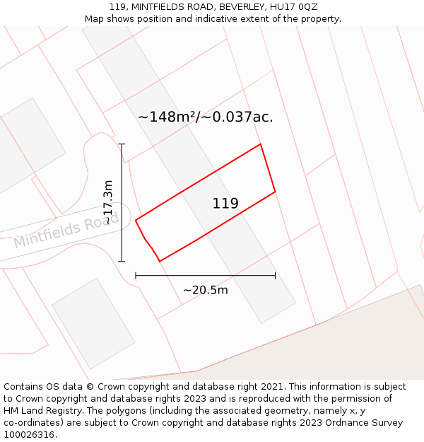 119, MINTFIELDS ROAD, BEVERLEY, HU17 0QZ: Plot and title map