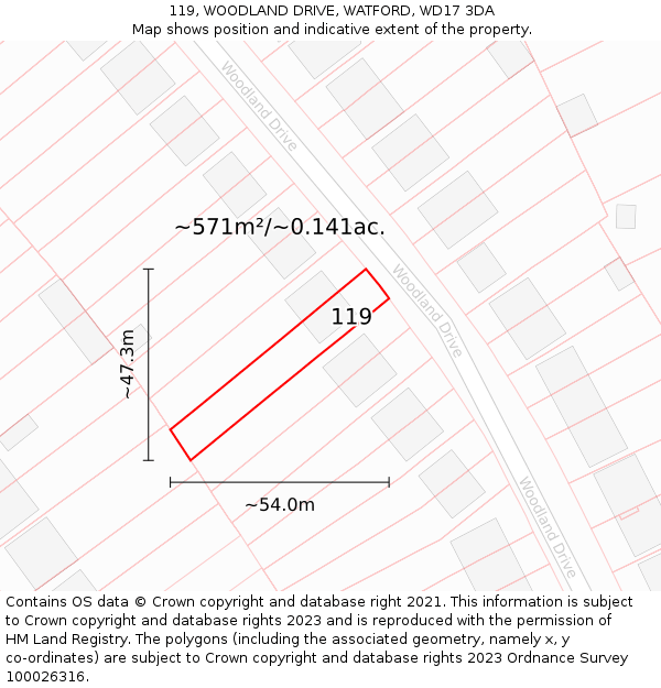 119, WOODLAND DRIVE, WATFORD, WD17 3DA: Plot and title map