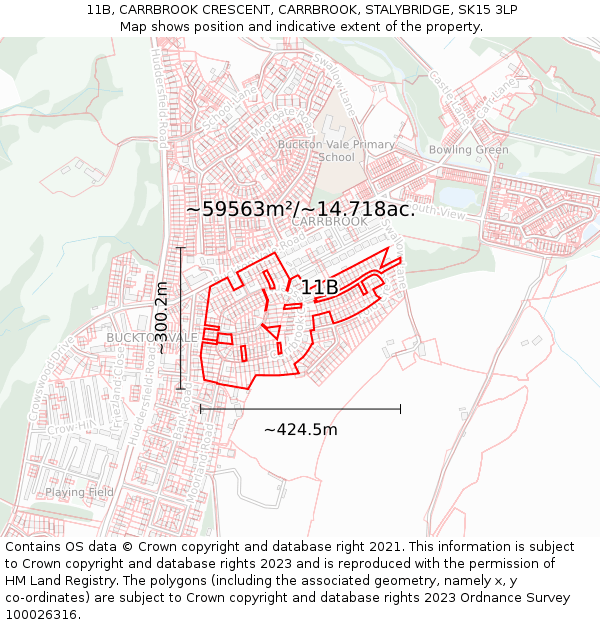 11B, CARRBROOK CRESCENT, CARRBROOK, STALYBRIDGE, SK15 3LP: Plot and title map