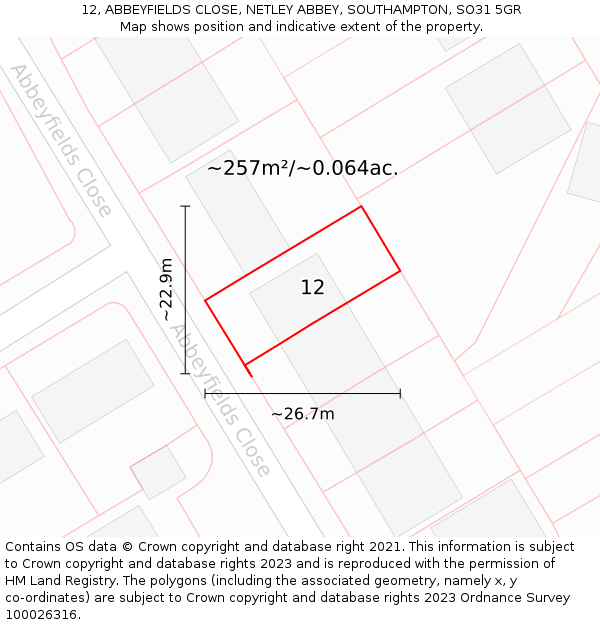 12, ABBEYFIELDS CLOSE, NETLEY ABBEY, SOUTHAMPTON, SO31 5GR: Plot and title map