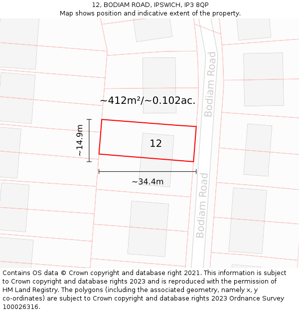 12, BODIAM ROAD, IPSWICH, IP3 8QP: Plot and title map