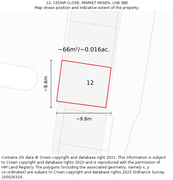 12, CEDAR CLOSE, MARKET RASEN, LN8 3BE: Plot and title map
