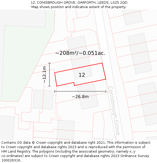 12, CONISBROUGH GROVE, GARFORTH, LEEDS, LS25 2QD: Plot and title map