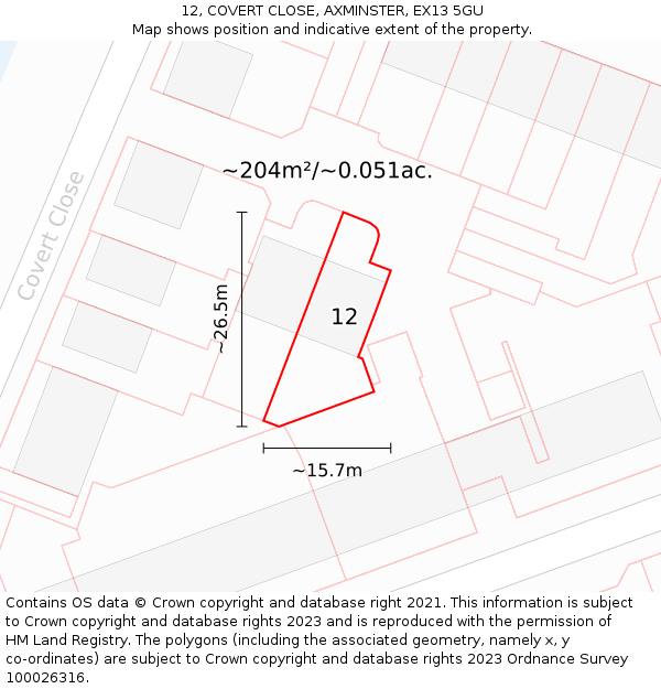 12, COVERT CLOSE, AXMINSTER, EX13 5GU: Plot and title map