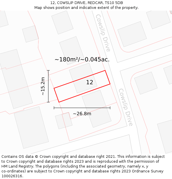 12, COWSLIP DRIVE, REDCAR, TS10 5DB: Plot and title map