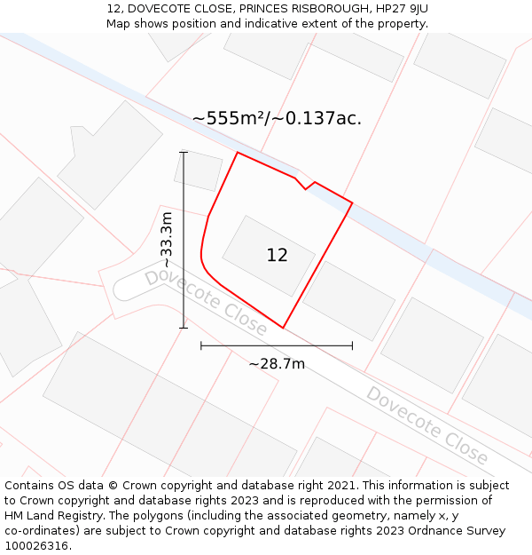 12, DOVECOTE CLOSE, PRINCES RISBOROUGH, HP27 9JU: Plot and title map