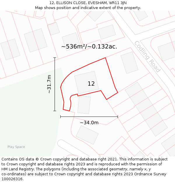 12, ELLISON CLOSE, EVESHAM, WR11 3JN: Plot and title map