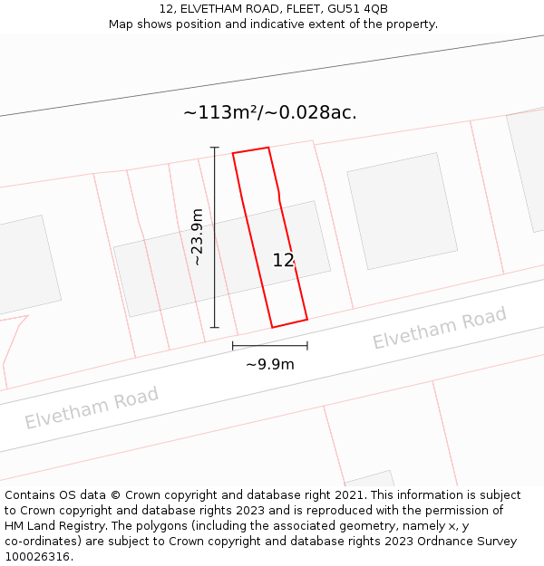 12, ELVETHAM ROAD, FLEET, GU51 4QB: Plot and title map