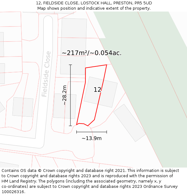 12, FIELDSIDE CLOSE, LOSTOCK HALL, PRESTON, PR5 5UD: Plot and title map
