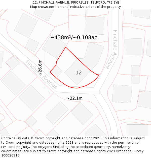 12, FINCHALE AVENUE, PRIORSLEE, TELFORD, TF2 9YE: Plot and title map