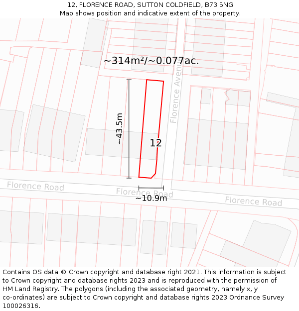 12, FLORENCE ROAD, SUTTON COLDFIELD, B73 5NG: Plot and title map
