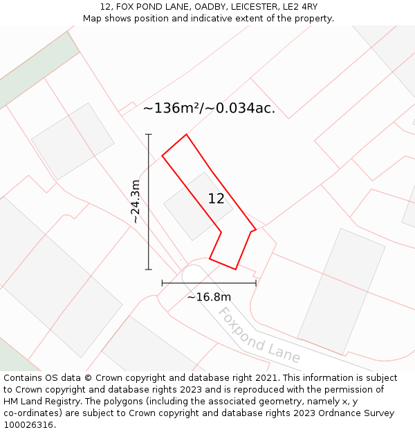 12, FOX POND LANE, OADBY, LEICESTER, LE2 4RY: Plot and title map