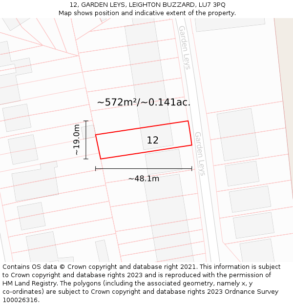 12, GARDEN LEYS, LEIGHTON BUZZARD, LU7 3PQ: Plot and title map