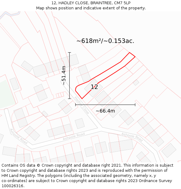12, HADLEY CLOSE, BRAINTREE, CM7 5LP: Plot and title map
