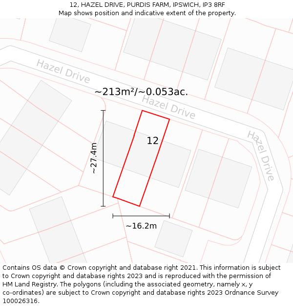 12, HAZEL DRIVE, PURDIS FARM, IPSWICH, IP3 8RF: Plot and title map
