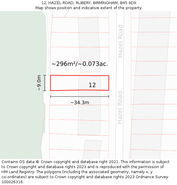 12, HAZEL ROAD, RUBERY, BIRMINGHAM, B45 9DX: Plot and title map