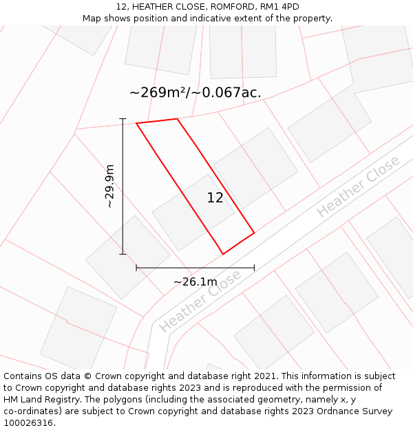 12, HEATHER CLOSE, ROMFORD, RM1 4PD: Plot and title map