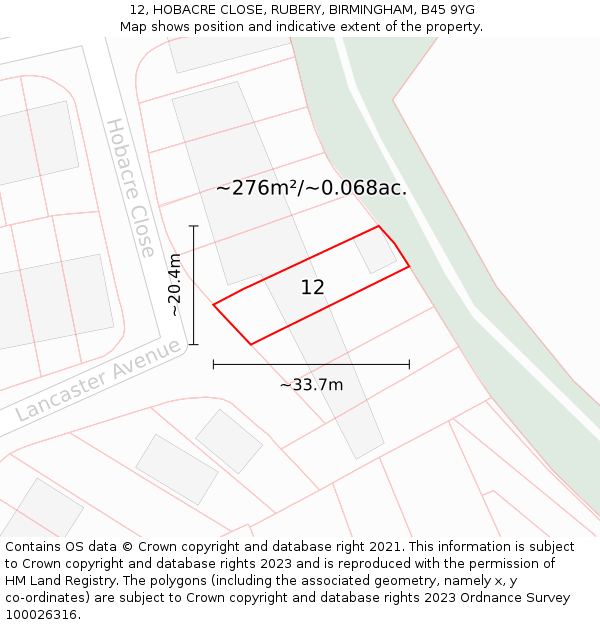 12, HOBACRE CLOSE, RUBERY, BIRMINGHAM, B45 9YG: Plot and title map