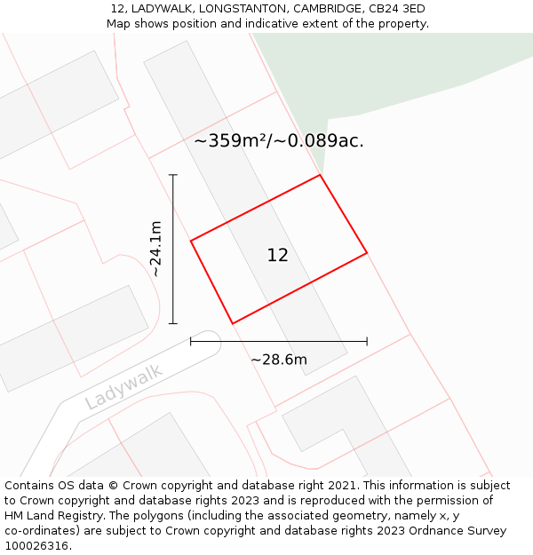 12, LADYWALK, LONGSTANTON, CAMBRIDGE, CB24 3ED: Plot and title map