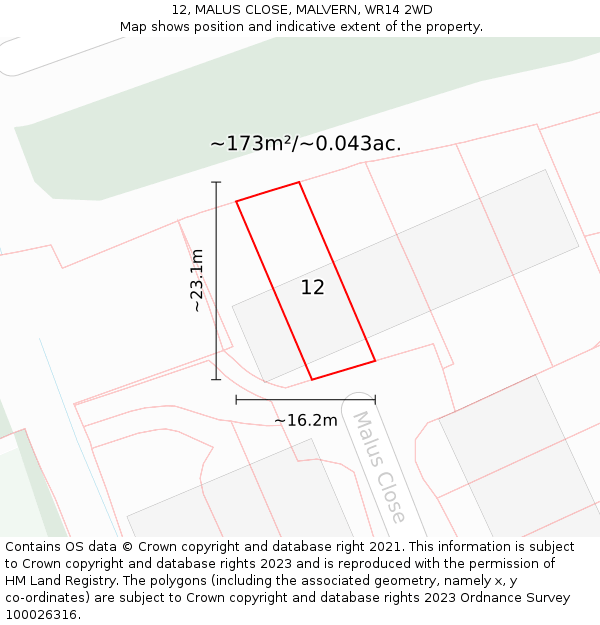 12, MALUS CLOSE, MALVERN, WR14 2WD: Plot and title map