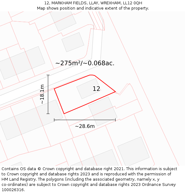 12, MARKHAM FIELDS, LLAY, WREXHAM, LL12 0QH: Plot and title map