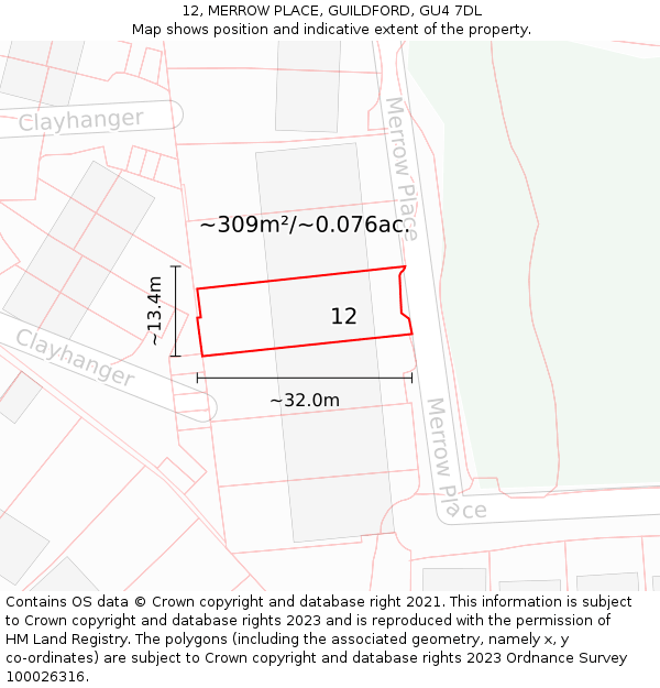 12, MERROW PLACE, GUILDFORD, GU4 7DL: Plot and title map
