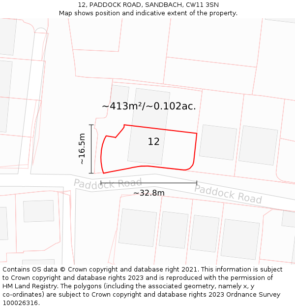 12, PADDOCK ROAD, SANDBACH, CW11 3SN: Plot and title map