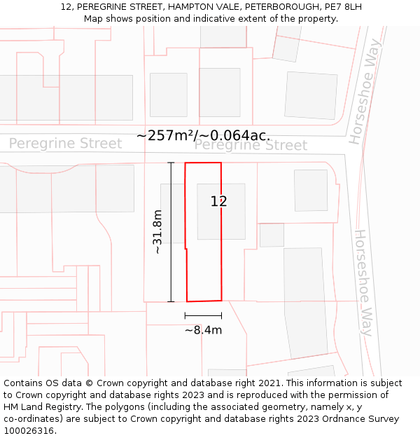 12, PEREGRINE STREET, HAMPTON VALE, PETERBOROUGH, PE7 8LH: Plot and title map