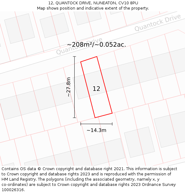 12, QUANTOCK DRIVE, NUNEATON, CV10 8PU: Plot and title map