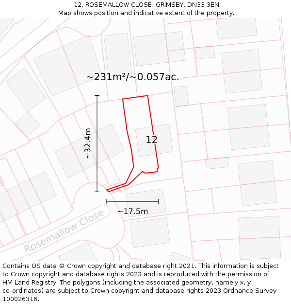12, ROSEMALLOW CLOSE, GRIMSBY, DN33 3EN: Plot and title map