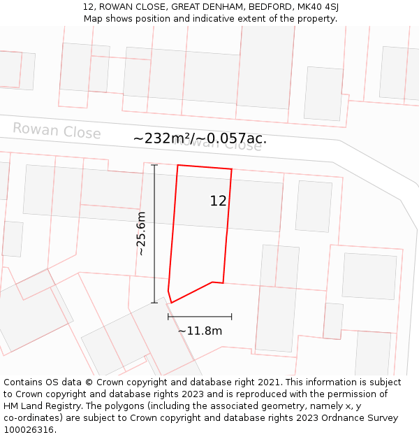 12, ROWAN CLOSE, GREAT DENHAM, BEDFORD, MK40 4SJ: Plot and title map