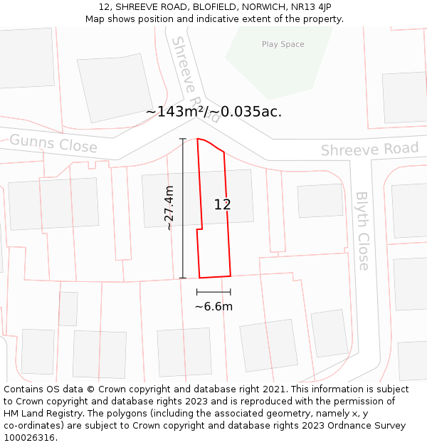 12, SHREEVE ROAD, BLOFIELD, NORWICH, NR13 4JP: Plot and title map