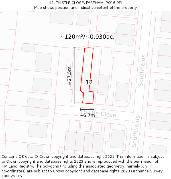 12, THISTLE CLOSE, FAREHAM, PO16 9FL: Plot and title map
